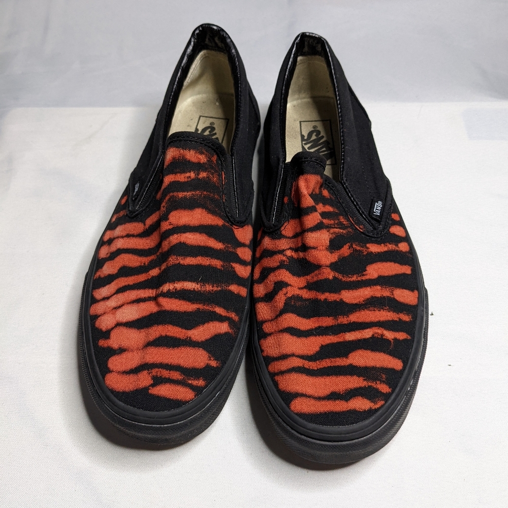 Men's Slip On Black Vans With Horizontal Bleached Design. Size 11